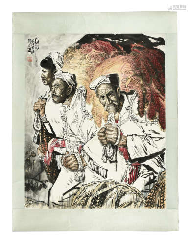 LIU WENXI: INK AND COLOR ON PAPER PAINTING 'FARMERS'