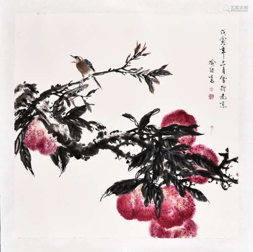 YU JIGAO: INK AND COLOR ON PAPER 'PEACHES' PAINTING