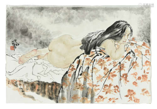 HE JIAYING: INK AND COLOR ON PAPER PAINTING 'GIRL'