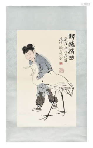 FAN ZENG: INK AND COLOR ON PAPER PAINTING 'GIRL AND CRANE'