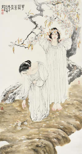 HE JIAYING: INK AND COLOR ON PAPER PAINTING 'GIRLS'