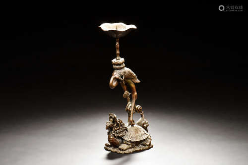 BRONZE CAST 'CRANE AND TURTLE' CANDLE HOLDER