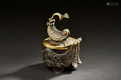 BRONZE CAST DAOIST CENSER WITH PEACOCK FINIAL