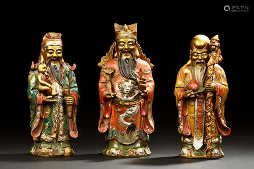 GROUP OF THREE BRONZE CAST FU LU SHOU FIGURES