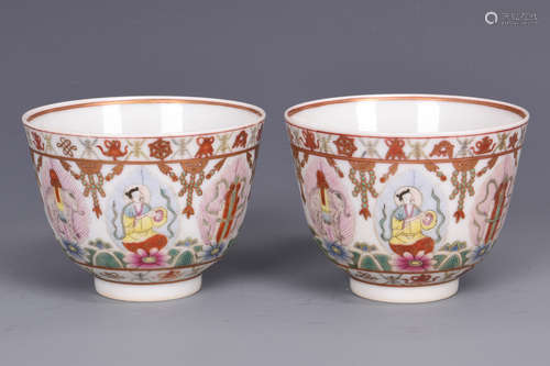 PAIR OF FAMILLE ROSE 'BUDDHIST SYMBOLS' CUPS