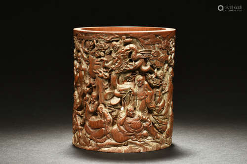 BAMBOO CARVED 'EIGHTEEN ARHATS' BRUSH POT