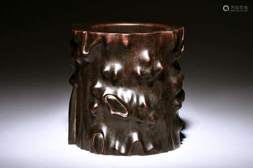 ZITAN WOOD CARVED 'TREE TRUNK' BRUSH POT