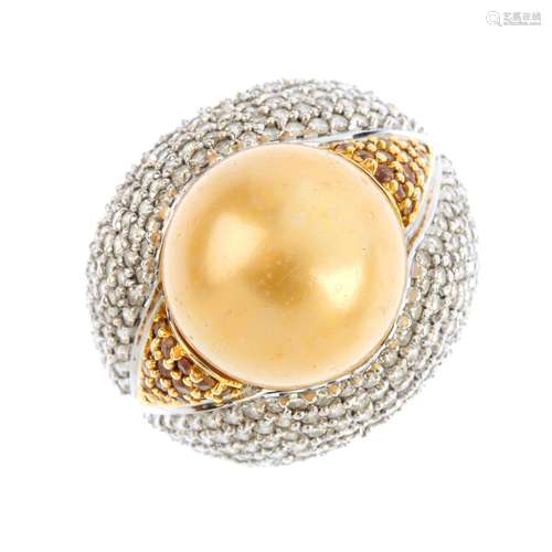 A dyed cultured pearl and diamond dress ring.