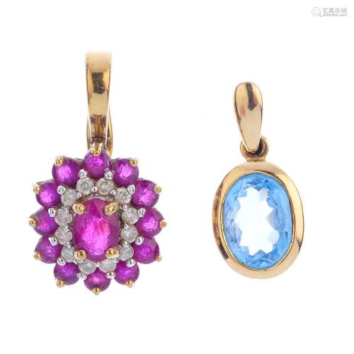 Two 9ct gold gem-set pendants, with matching earrings. To include a ruby and colourless gem