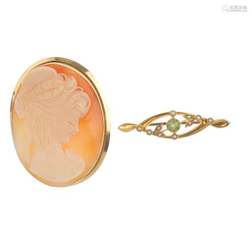 Two items of gem-set jewellery. To include an Edwardian 15ct gold peridot and seed pearl brooch,