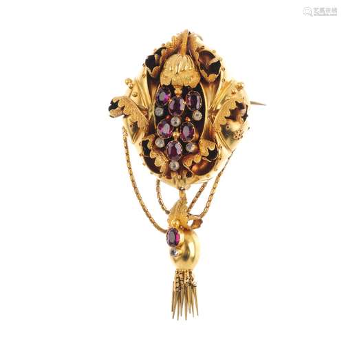 A composite late Victorian gem-set brooch. Of floral design, the oval-shape garnet and circular-