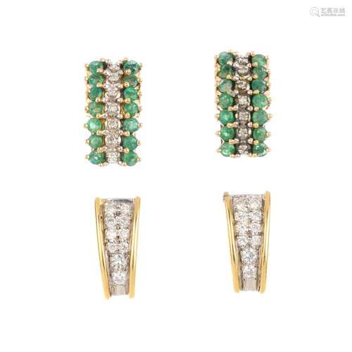 Two pairs of gem-set earrings. To include a pair of single-cut diamond and circular-shape emerald