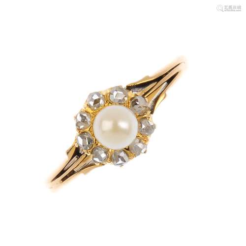 An early 19th century 18ct gold cultured pearl and diamond cluster ring. The cultured pearl,