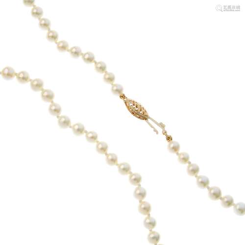 Three sets of cultured pearl jewellery. Each set comprising a single-strand necklace with marquise-