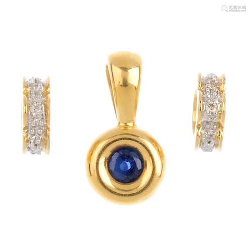 Three gem-set pendants. To include two brilliant-cut diamond floral pendants, together with a