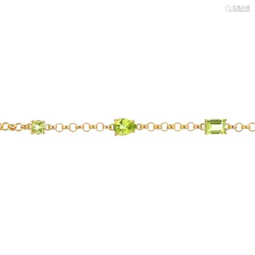 A peridot bracelet. Designed as a series of circular, pear and rectangular-shape peridots, with