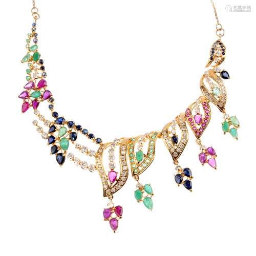 A set of gem-set jewellery. To include a gem-set necklace designed as a series of graduated and