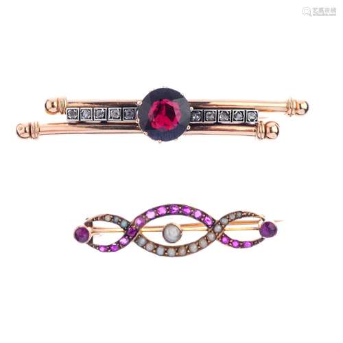 Two gem-set brooches. The first, of openwork design comprising round-shape ruby and split pearl