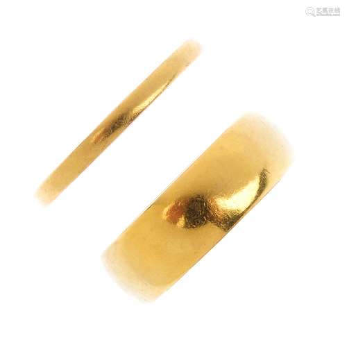 Two 22ct gold wedding band rings. To include a mid Victorian ring, together with an Edwardian