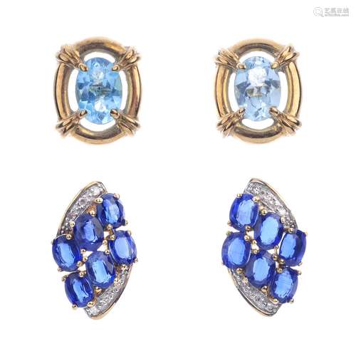 A selection of gem-set earrings. To include a pair of 9ct gold diamond line earrings, a pair of