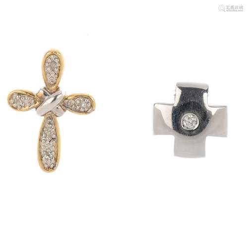 Two diamond cross pendants. Length of pendants 1 and 1.8cms. Total weight 3.4gms. Overall