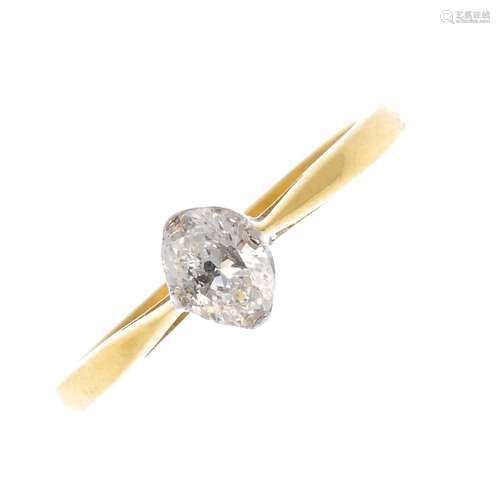 A 1970s 18ct gold diamond single-stone ring. The marquise-shape diamond, with tapered shoulders.