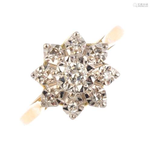 A diamond cluster ring. The brilliant-cut diamond, with single-cut diamond surround and slightly