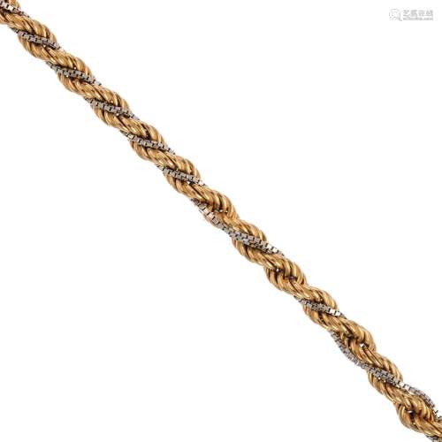 A 9ct gold bracelet. Of bi-colour design, comprising intertwined rope-twist and box-link chains,