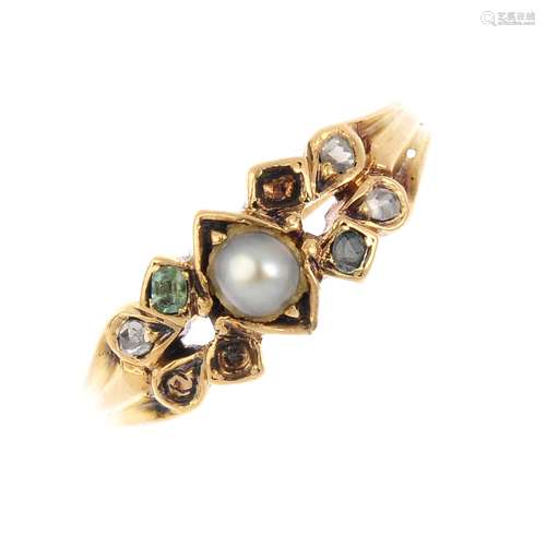 An early 20th century 18ct gold split pearl and gem-set ring. The split pearl, with rose-cut