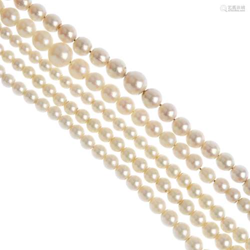 Three cultured pearl necklaces. To include a three-row cultured pearl necklace, together with two