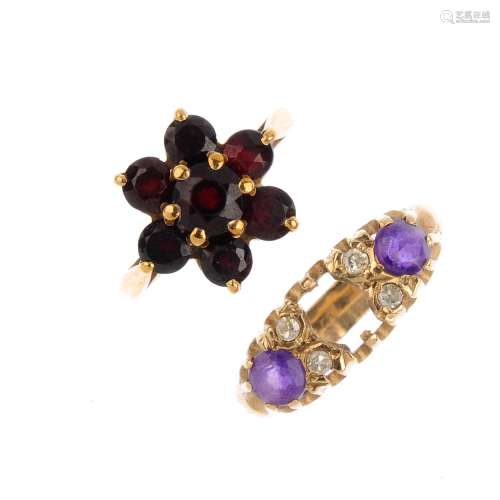 Two diamond and gem-set rings. To include a garnet cluster ring, together with an amethyst and