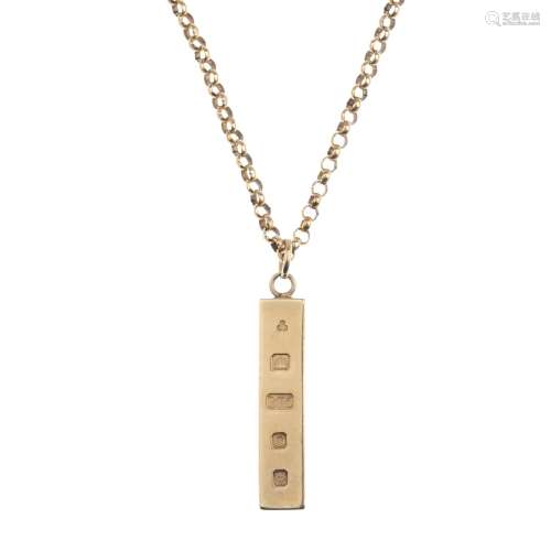 (52407) A 9ct gold pendant, with chain. Designed as a rectangular ingot bar, suspended from a
