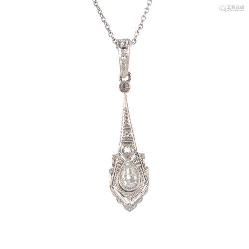 A diamond pendant and chain. Of geometric design, the pear-shape diamond collet, with textured