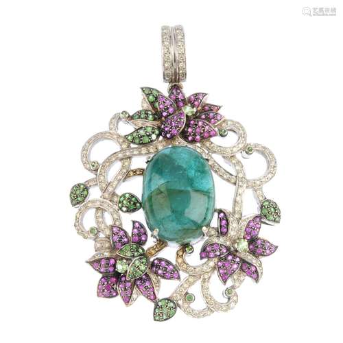 An emerald, diamond and gem-set pendant. Of openwork design, the oval emerald cabochon, within a