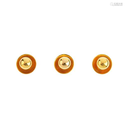 A set of three 18ct gold dress studs. Each designed as a dome, with plain reverse. Hallmarks for