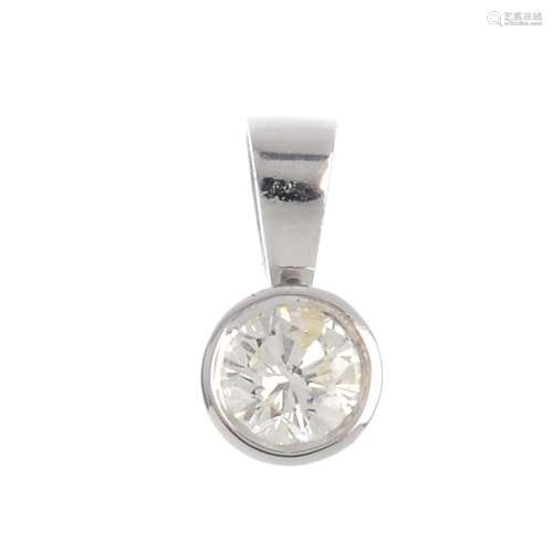 A 9ct gold diamond single-stone pendant. The brilliant-cut diamond collet, with tapered surmount.