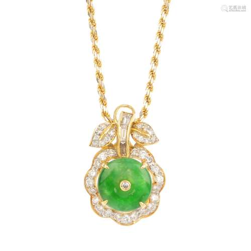 A jade and diamond floral pendant. The brilliant-cut diamond collet, with jadeite border, within a