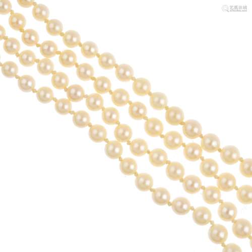 A cultured pearl and gem-set two-row necklace. Comprising two rows of eight-four and seventy-six