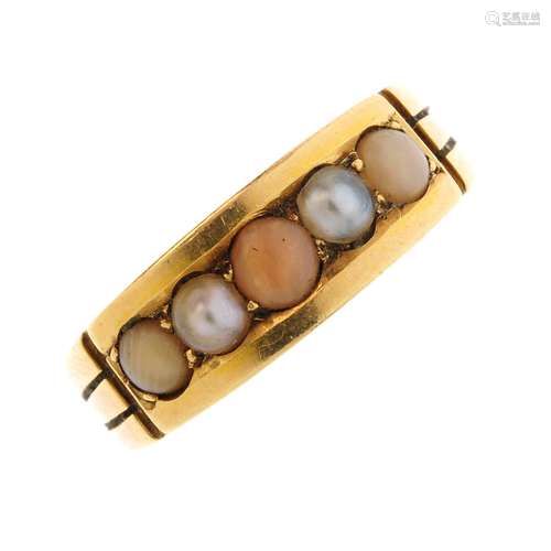 A mid 20th century 18ct gold coral and split pearl ring. The alternating circular coral cabochon and