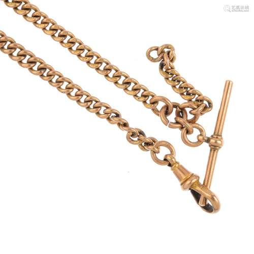 An early 20th century gold Albert. The curb-link chain, suspending a T-bar, with lobster clasp.