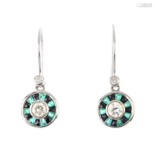 A pair of diamond, emerald and gem-set earrings. Each designed as a brilliant-cut diamond collet,