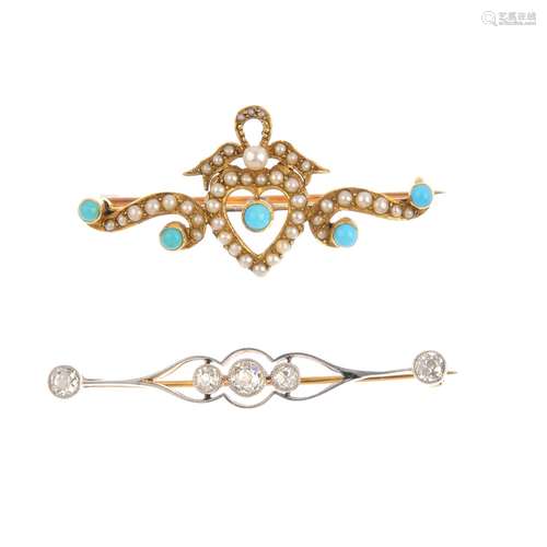 Two early 20th century gold and gem-set brooches. To include a circular turquoise cabochon and split