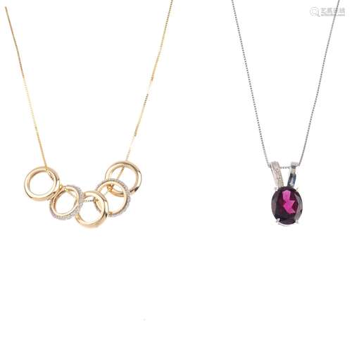 Two diamond gem-set pendants. To include a series of pave-set diamond and plain hoops suspended from