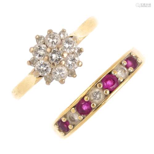 (52305) Two 18ct gold gem-set rings. To include a diamond cluster ring, together with a ruby and