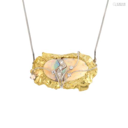 An opal and diamond necklace. Of bi-colour design, the opal cabochons, intersected by a baguette-cut
