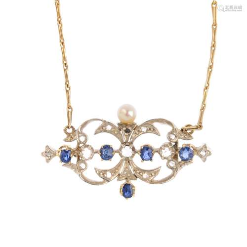 A sapphire, diamond and cultured pearl pendant. Designed as an alternating circular-shape sapphire