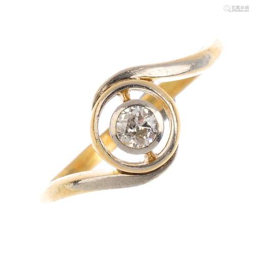 A diamond single-stone ring. The brilliant-cut diamond collet within a halo surround and