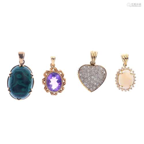 Seven pendants. To include an 18ct gold pave-set diamond tapered heart-shape pendant, a 14ct gold