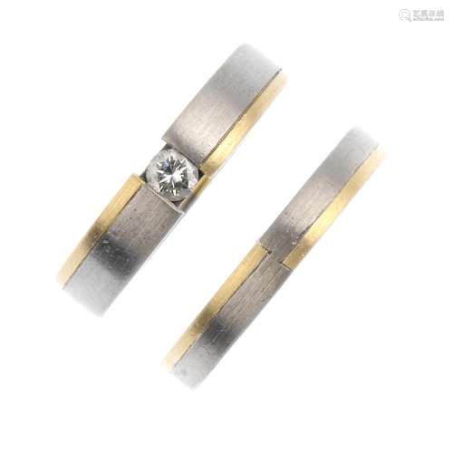 A set of two rings. Each of bi-colour design with brushed finish, to include a brilliant-cut diamond
