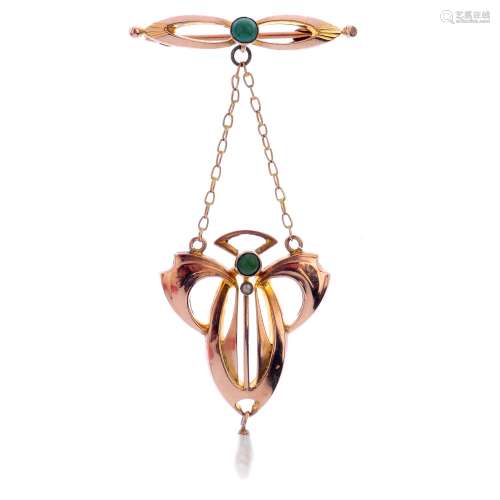 An Art Nouveau 9ct gold turquoise and freshwater pearl brooch. The openwork panel and similarly-